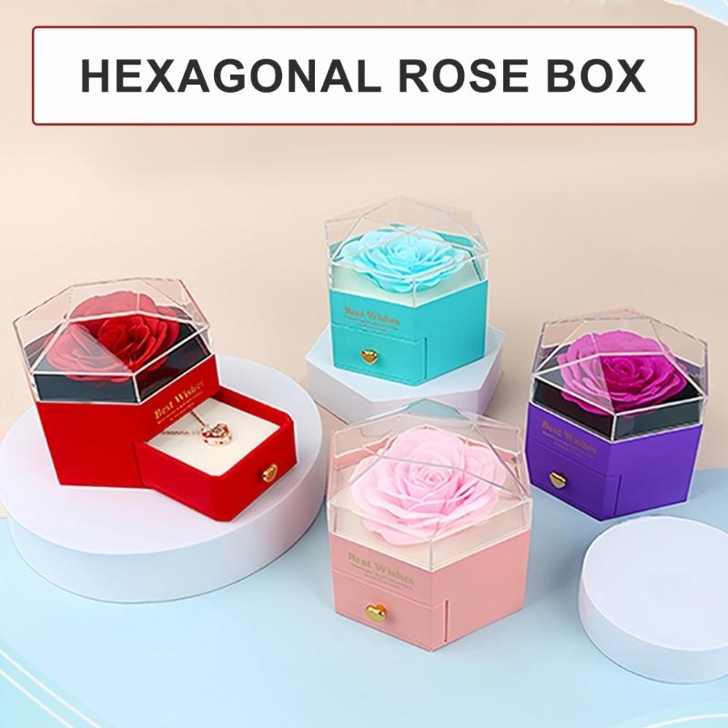 Elegant Hexagon Flower Jewelry Case Featuring Preserved Flowers Unique Gifts Accessory for Trendy Couples In Love