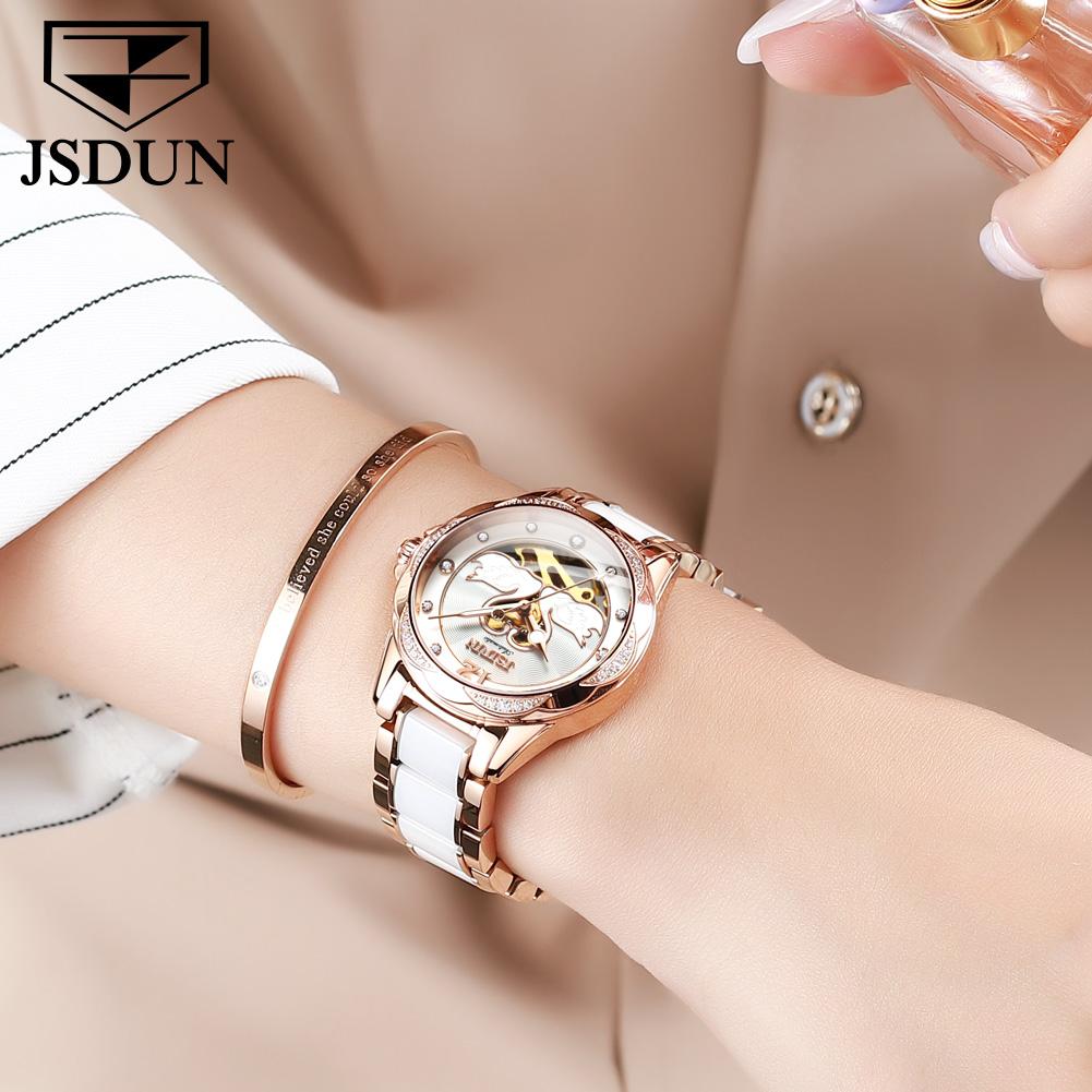 JSDUN 8831 Damenuhr Wasserdichte Automatische Mechanische Uhr Für Damen Keramik Stahlarmband Uhren Synthetisches Saphirglas