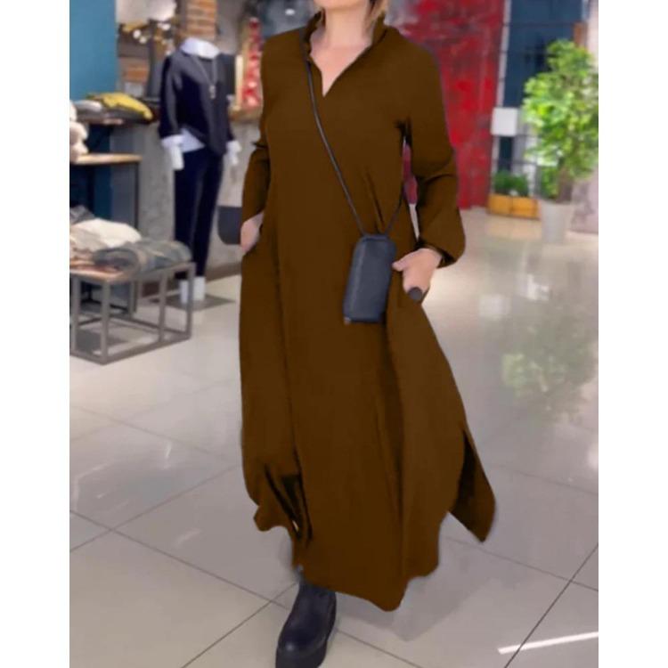 2025 Fashion Women Elegant Maxi Dress Casual Long Sleeve Solid Color Loose Hem Pullover Robe Female Autumn Winter Dress