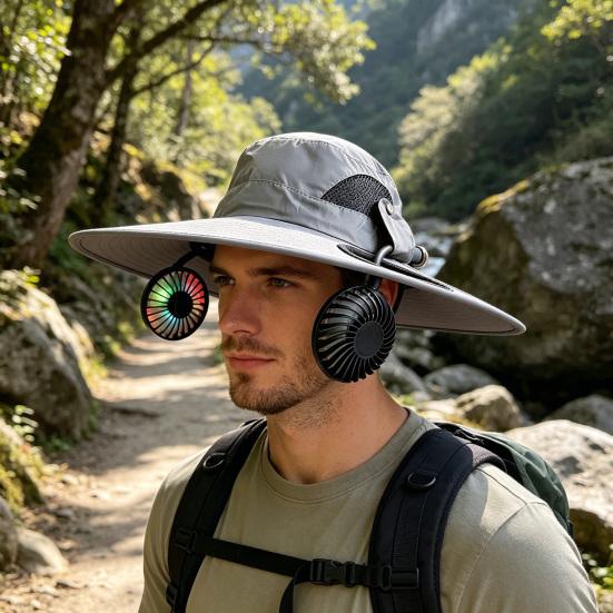 Chapeau Bob Double Ventilateur 2-en-1 Casquette Rafraîchissante avec Ventilateurs Amovibles Rechargeables par USB Pales Phosphorescentes Vitesse Réglable Chapeau de Soleil à Large Bord
