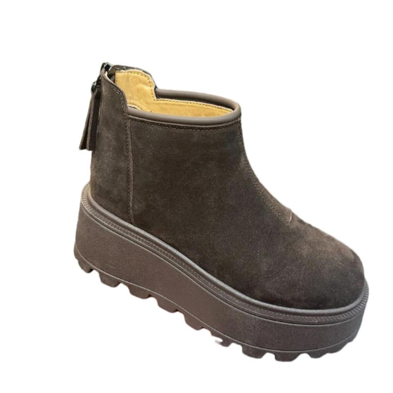 Platformové dámské semišové sněhule s plochou podrážkou, módní obuv, plyšové teplé kotníkové boty, trend 2025, nové značkové tenisky, zimní pohodlné dámské boty