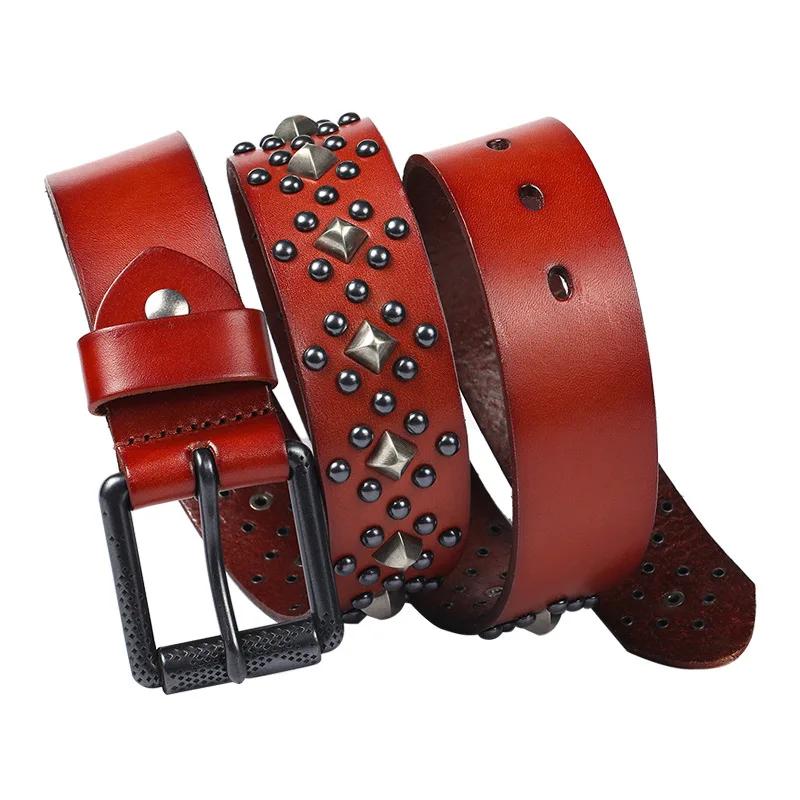 3.8cm Original Design Personalized Top Layer Cowhide Belt with Pin Buckle Cool Punk Style Unisex Genuine Leather Belt 105CM