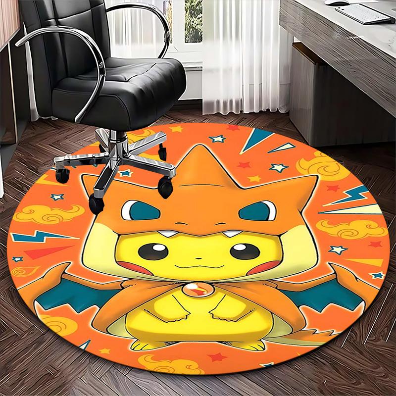 1pc Pikachu & Charmander Pokémon Anime Design Round Carpet - Office Chair Mat, Non-Slip Rug for Home Decor, Living Room, Bedroom, Game Room