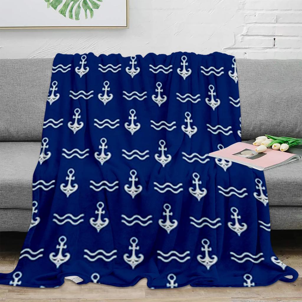 Nautical Blue Anchor Rudder Boat Fish Lighthouse Flannel Blanket Travel Picnic Blanket Portable Soft Bedspread Blankets for Beds