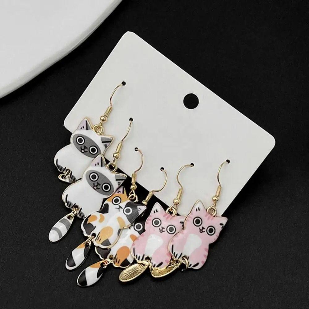Enamel Zinc Zinc Alloy Cat Dangle Earrings Animal Theme Cartoon Animal Earrings 3D Cat Earrings  Jewelry Set