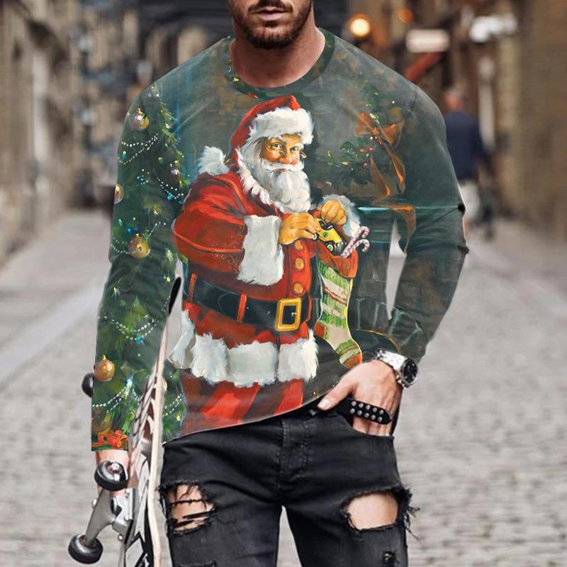 Herren T-Shirts Weihnachten Herren Neu Rundhals Langarm Street Fashion 3D Gedrucktes Herren T-Shirt