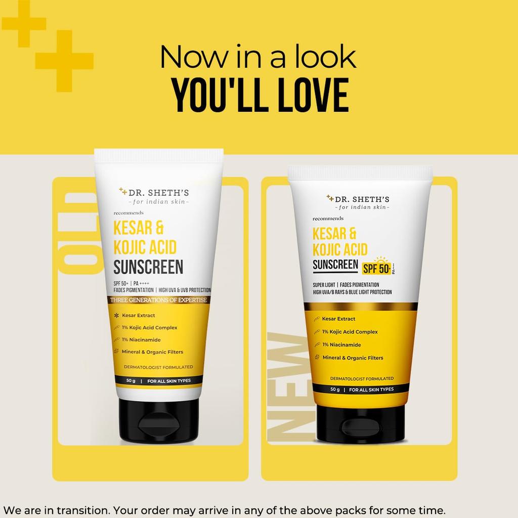 Dr. Sheth's Kesar & Kojic Acid Sunscreen SPF 50 Pa++++ 50 g Pack For Daily Moisturization