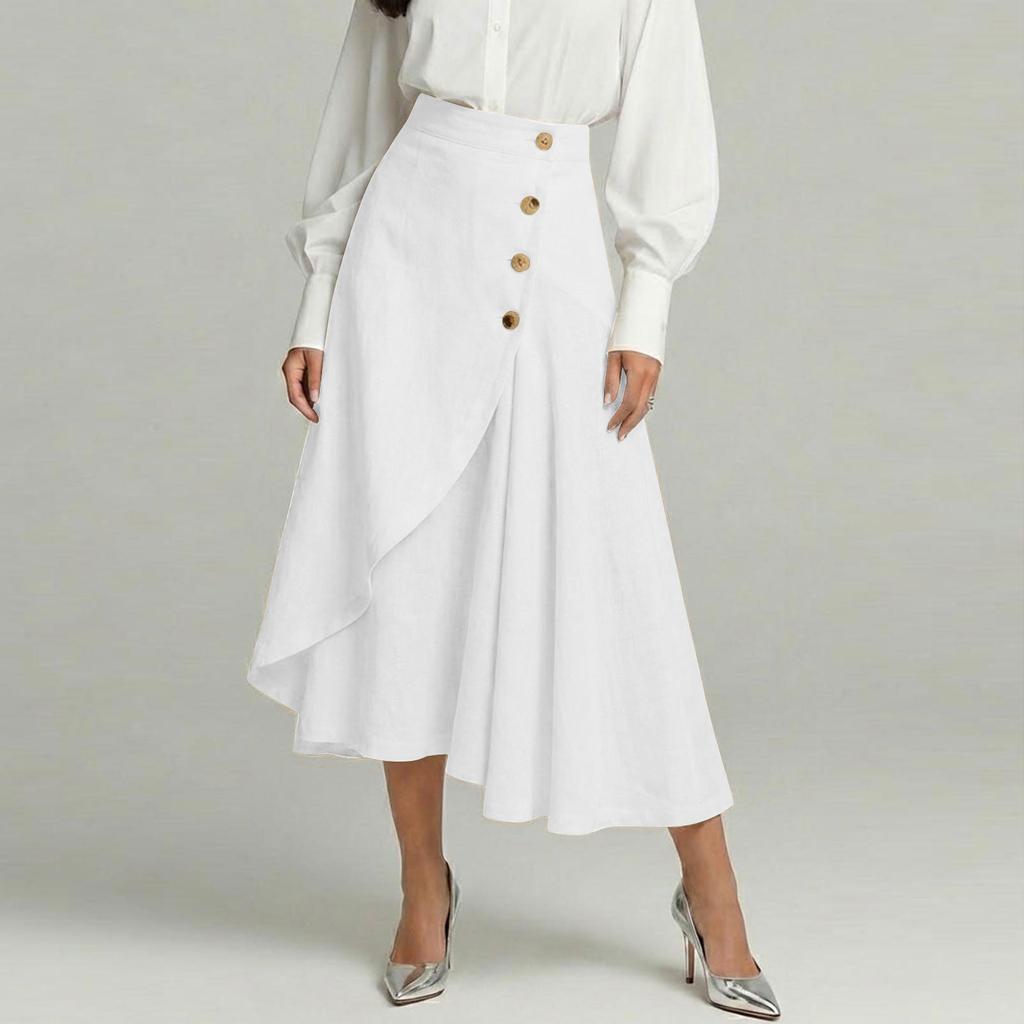 Women's Fashionable Cotton-Linen High-Waisted Button-Front Asymmetrical -Color Skirt