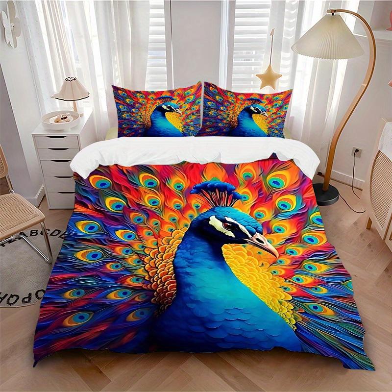 

3pcs Peacock Feathers 1Cover + 2Pillowcases, PillowInserts NotIncluded, Machine Washable, All - Season Use, Suitable for Bedroom Guest Room51 135x200cm