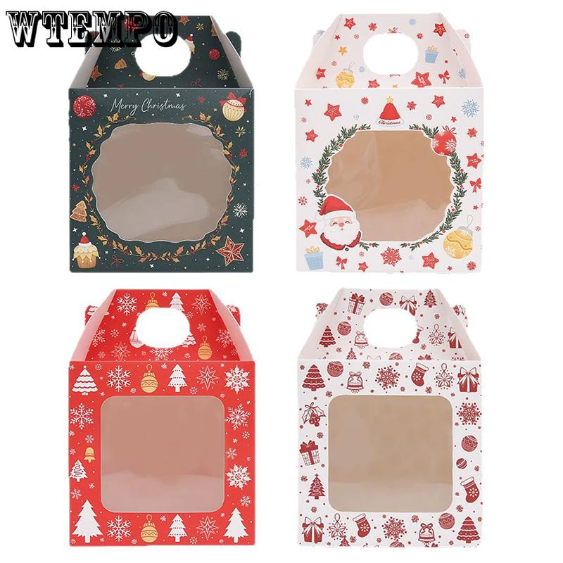 WTEMPO 12PCS 4-Style Christmas Gift Boxes Transparent Window Hand-held Boxes DIY Foldable Christmas Series Patterns Printed Packaging Boxes