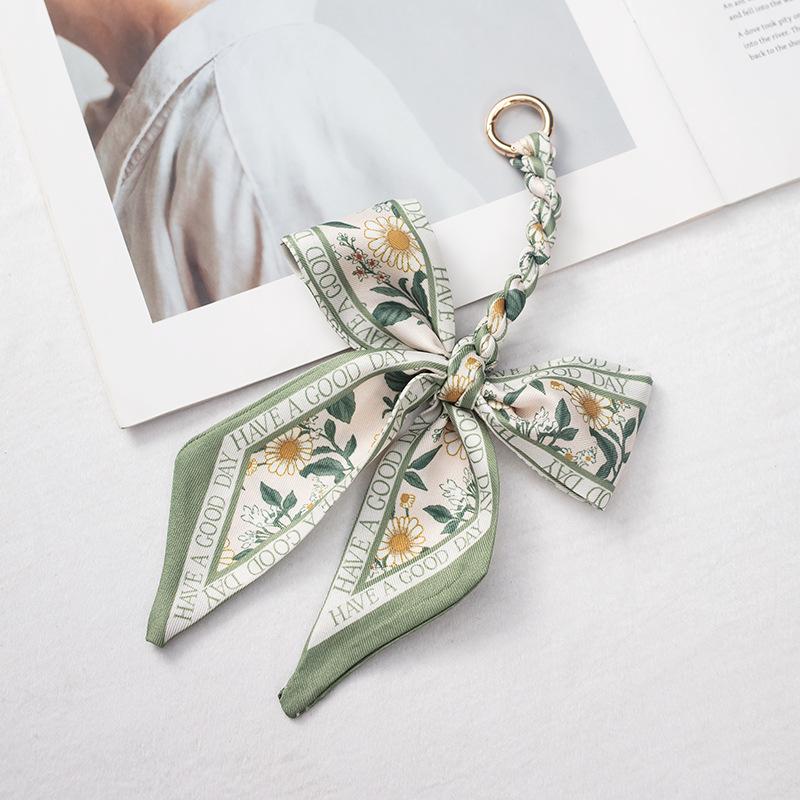 Silk Scarf Keychain with Horseshoe Buckle and Ribbon Bow for Bags and Cars