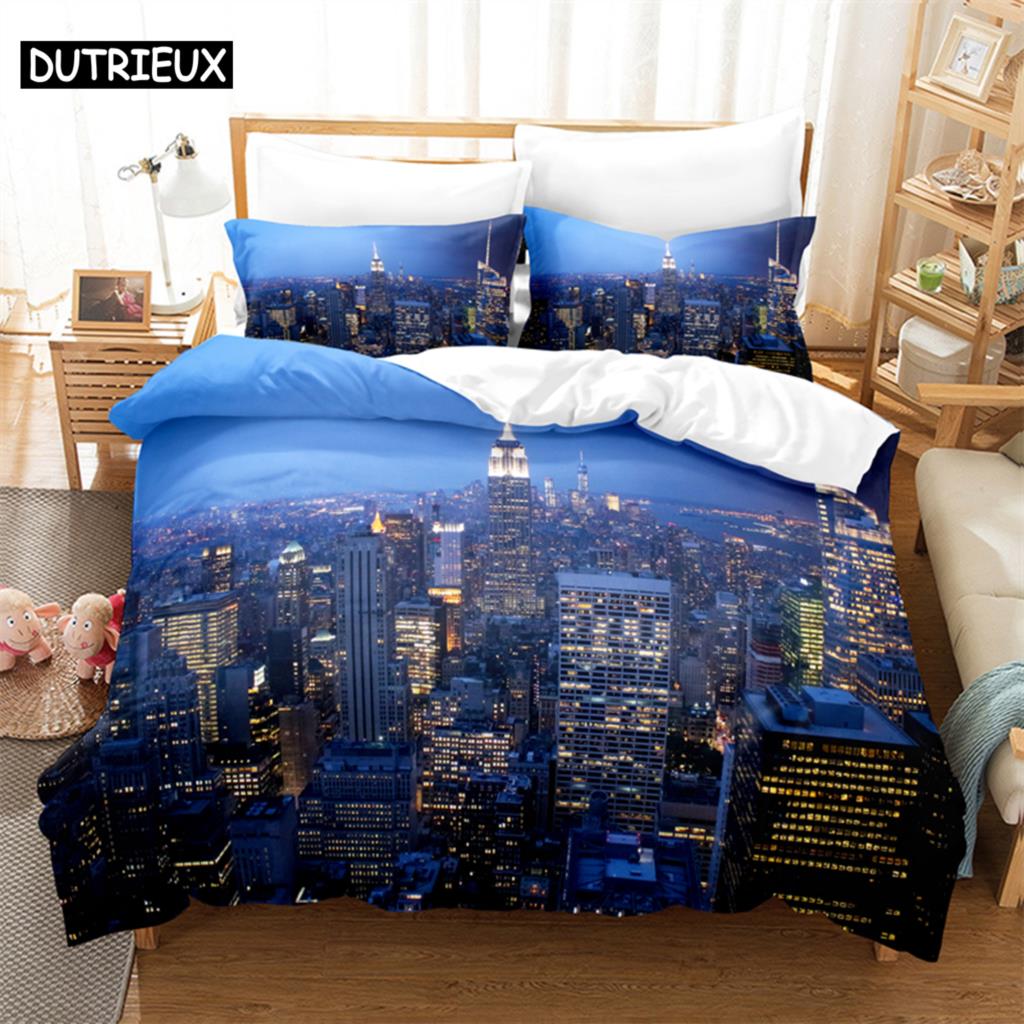3D Digital Printing Fashion Design City Night Scene Beding Set, Quen Sized Dimensions Soft with Soft Fabric Duvet Cover Set