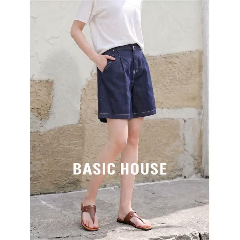 Basic House Women s Deep Blue Tencel Denim High-Waist Shorts 2XL