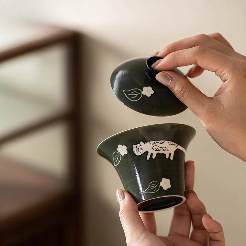 125ml Pó Yin Verde Oliva Gato da Sorte Pintado à Mão Gaiwan Tigela de Chá Zen com Tampa Kit Tampa de Preparo de Chá Conjunto de Chá