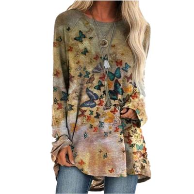 Plus Size Women's Autumn Butterfly Print Comfortable Long Sleeve Round Neck T-shirt Casual Baggy Mid Length T-shirt Top