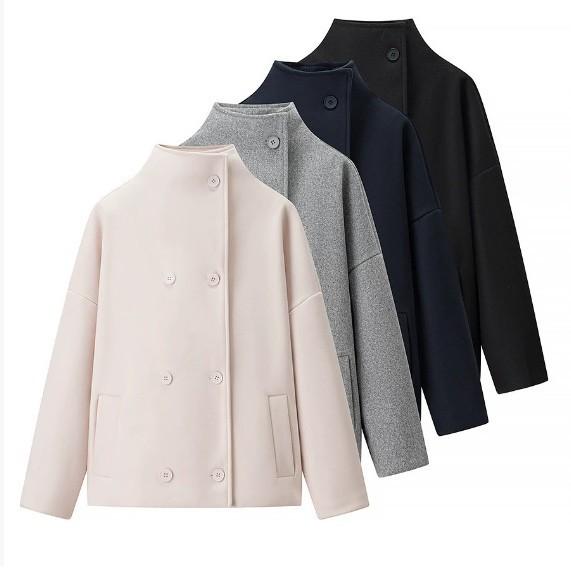 Women'S Clothing Double-Breasted Solid Color Woolen Material Lapel Loose Woolen Short