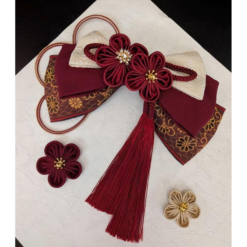 Used Tsumami-zaiku Hair Ornament Ribbon with Tassel Coming of Age Ceremony Graduation Ceremony Japanese Style Red Platinum