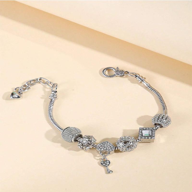Adjustable Heart Key Bead Bracelet DIY Alloy Charm with Sparkling Rhinestone Jewelry