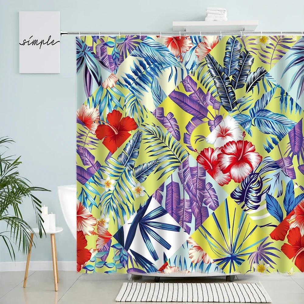 Tropical Monstera Palm Leaves Shower Curtains Watercolor Banana Leaf Green Plants Bath Curtain Waterproof Fabric Bathroom Decor
