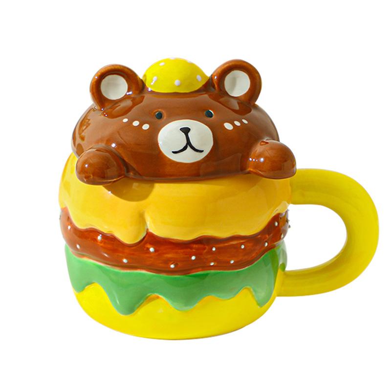 Creative Design Ceramic Burger Mug with Lid Cute Cartoon Animal Shape Household Drinking Cup Souvenir