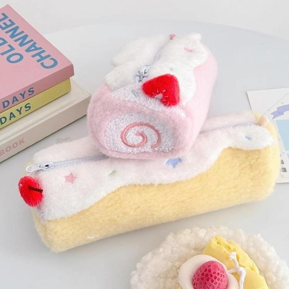 Korean Cream Swiss Roll Plush Pencil Case Large Capacity Girl Makeup Bag Gift