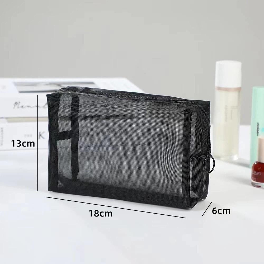 New Black Mesh Cosmetic Bag Zipper Closure Portable Toiletry Bag Clear Mesh Multi-functional Storage Pouch Travel Use