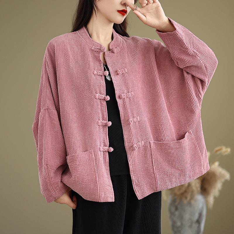 Casual Simple Autumn Retro Corduroy Jacket Loose Placket Buckle Stand-up Collar Jacket Women M красный