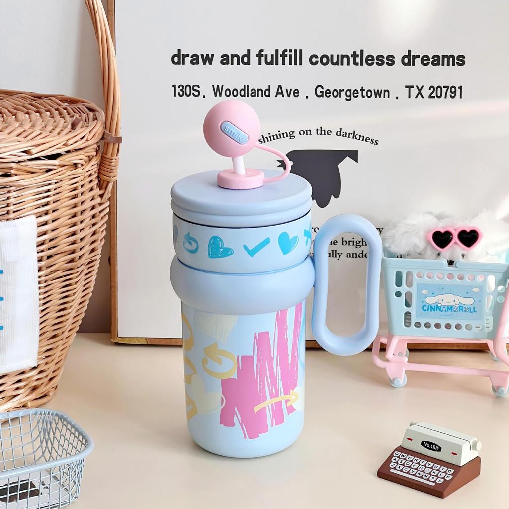 

Cartoon Style Insulation Cup For Girls With Large Capacity And Builtin Straw For Home Use Blue Doodle