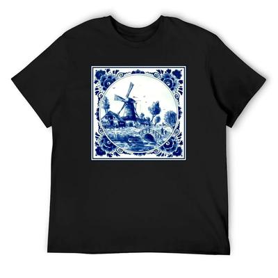 DUTCH BLUE DELFT _ Vintage větrný mlýn a most Potisk Tričko valentýnské butikové oblečení Pánské tričko trička grafické tričko pánské