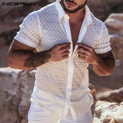 Sommer Herren Kurzarm Revers Bedruckte T-Shirts Transparente Mode Enge Hemden S-5XL