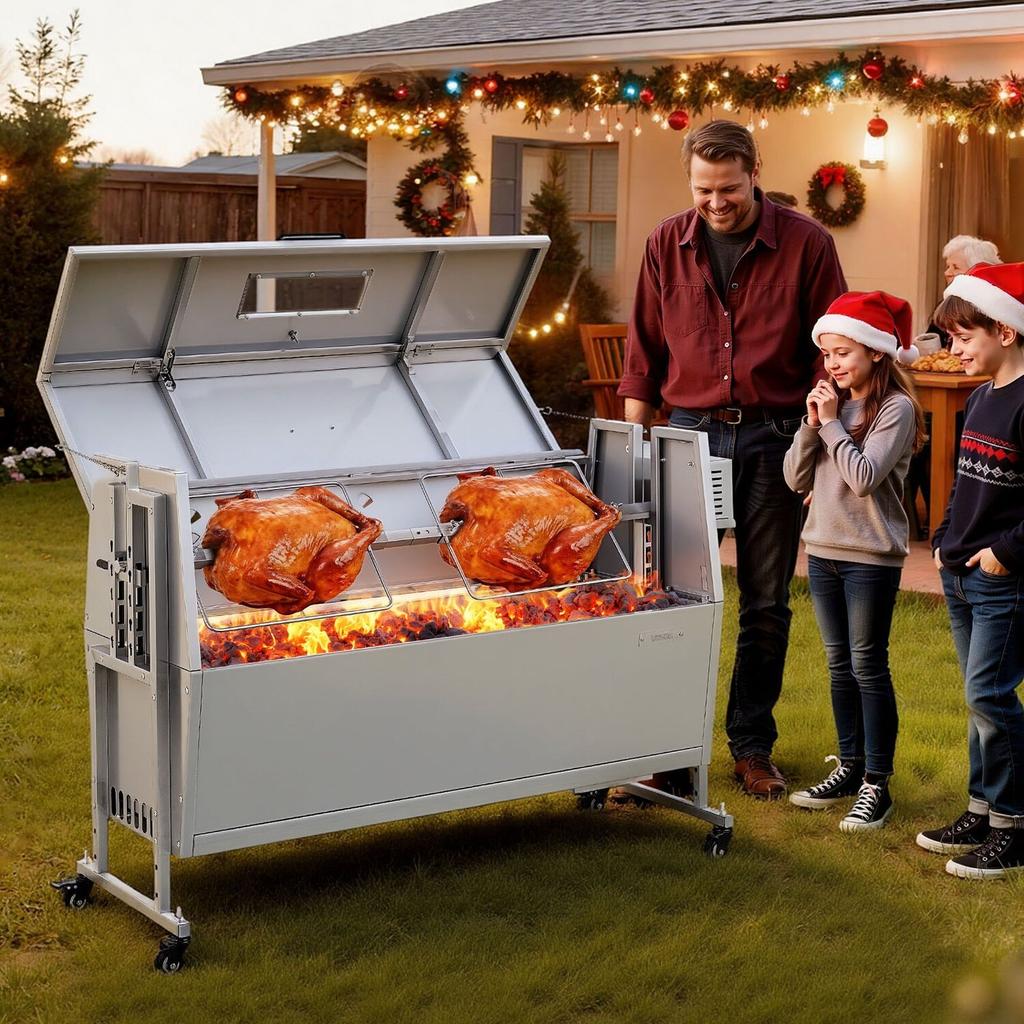 Grill Rotisserie, 38W Grill BBQ Zewnętrzny Rożen do Wieprzowiny i Jagnięciny, Węglowy Rożen o Pojemności 60 kg, Kółka i 4 Poziomy Wysokości, Stal Nierdzewna