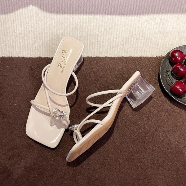 Fashion Shoes Woman 2025 Transparent Slippers Square heel Luxury Slides Heeled Mules Rubber Flip Flops Pantofle Block Designer High Hawa