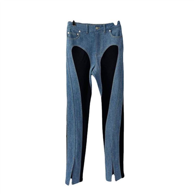 

Модный стиль Подиум Стильный Разрез Деним Новинка Стройнящий тип ног Тяжелая промышленность Слимминг Пэчворк Высокая талия Брюки Black (light and dark color splice} L