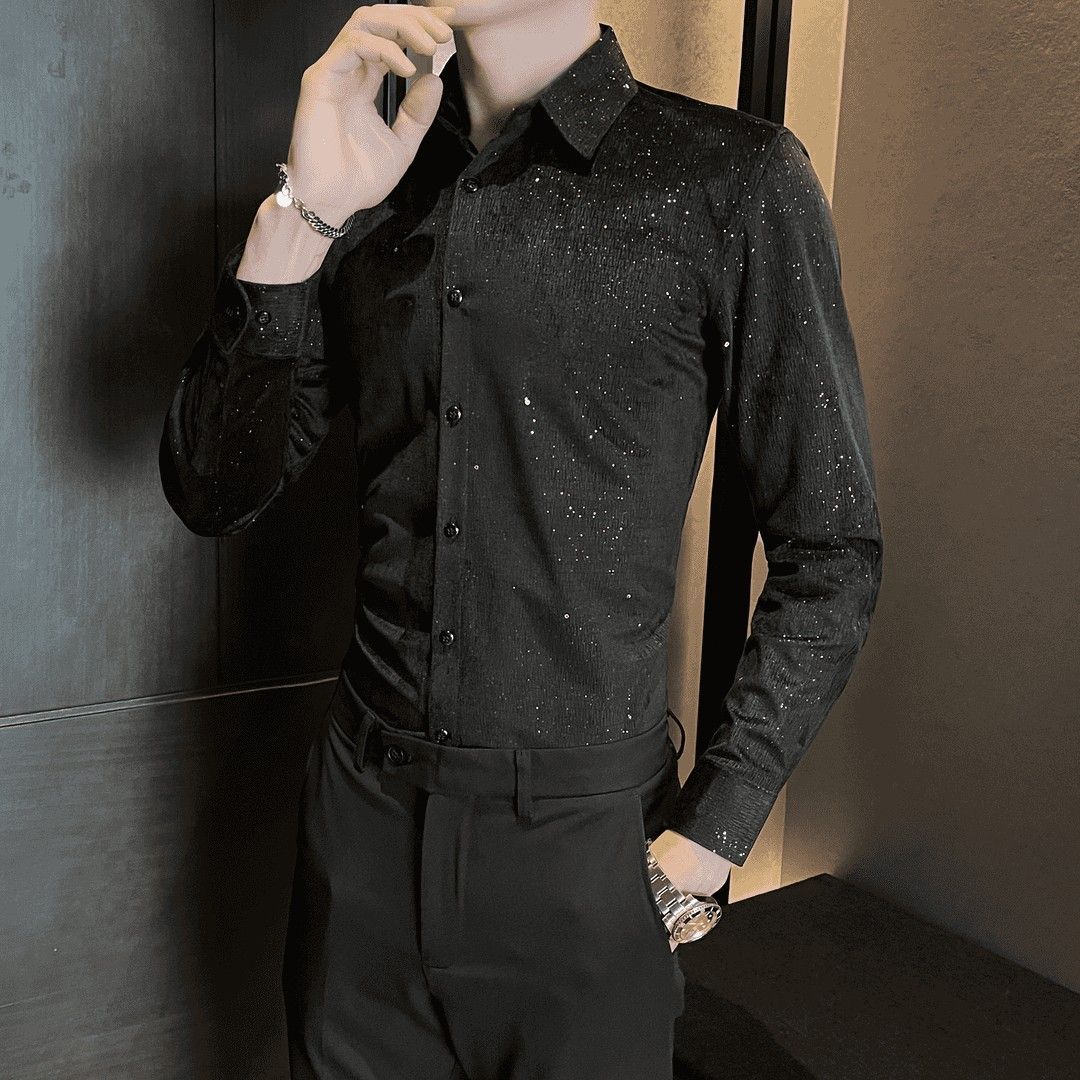 

Мужская рубашка с длинным рукавом 2025 Новый корейский стиль Модный тренд Приталенная Повседневная L чёрный