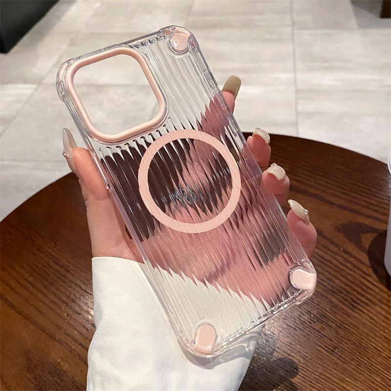 Transparent Stripe Soft TPU Phone Case For iPhone 16 15 14 Plus 13 12 11 Pro Max Clear Magnetic For Magsafe Wireless Charge Capa