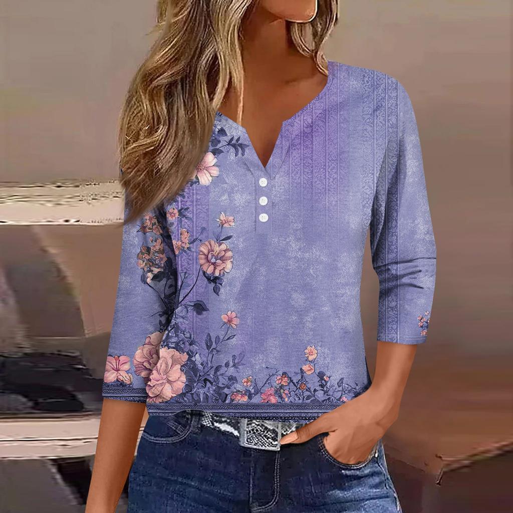 Women's Loose Casual Flower Print Seven Quarter Sleeved V-Neck Top Seven Quarter Sleeved V-Neck Top