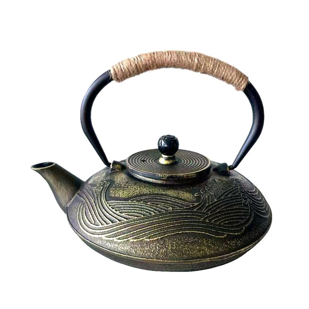 HwaGui Nanbu Ironware Teapot, Stylish IH Compatible, Iron Supplement, Teapot with Tea Whisk, 1000ml (Ocean Waves)