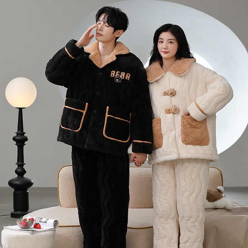 Couple Coral Fleece Quilted Pajamas Set Thick Warm Winter Loungewear Men Women
