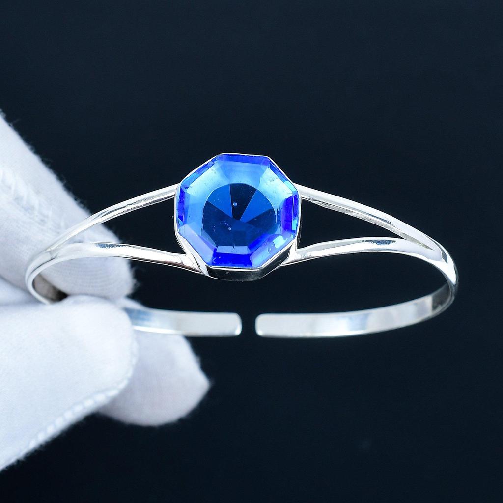 Tanzanite Hexagon Gemstone Handmade Cuff Bangle 925 Sterling Silver Cuff Bangle, Tanzanite Bracelet For Wife, Unisex Bangle Women Gift