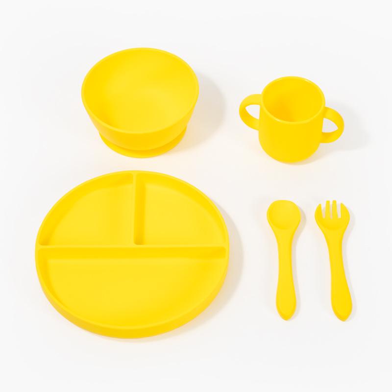 Ensemble de vaisselle pour bébé: Assiette Compartimentée en Silicone, Bavoir, Cuillère, Fourchette, Bol et Ventouse