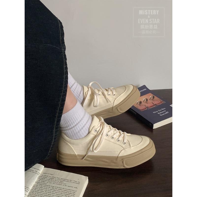 thick-soled beige canvas shoes women's height-increasing dissolving shoes niche versatile retro casual board shoes 542