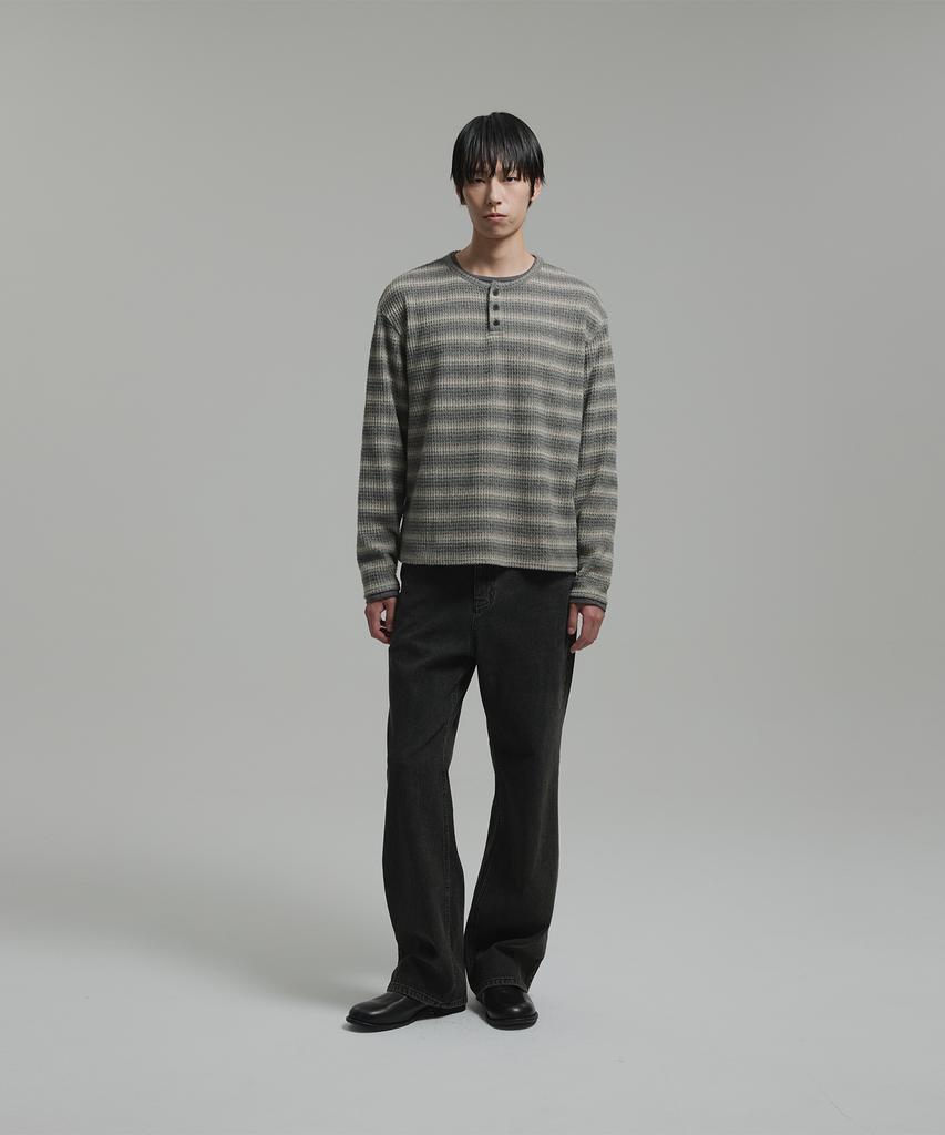 NONBLANK Waffle Henley Neck Ls T-Shirt_Grey Stripe