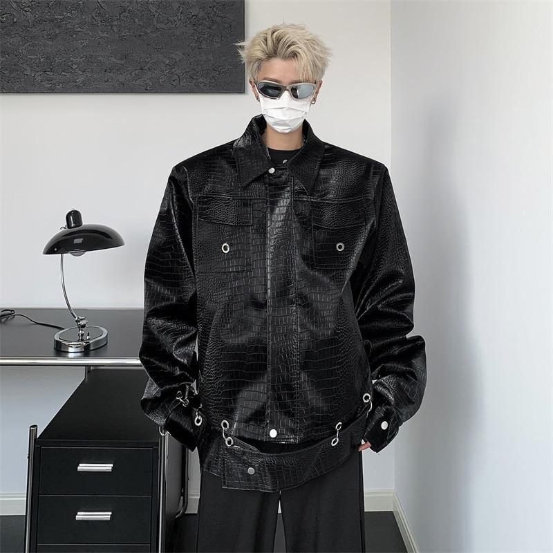 Crocodile pattern shoulder padded jacket design sense niche European and American hiphop jacket men s high-end sense retro leather jacket M