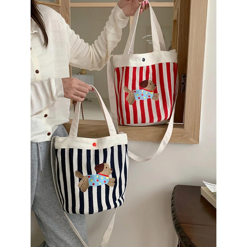 Cartoon Puppy Women's Stripe Bucket Bag Cute Canvas Female Shoulder Crossbody Bags Daily Handheld Bento Bag Girls Purse Handbags
