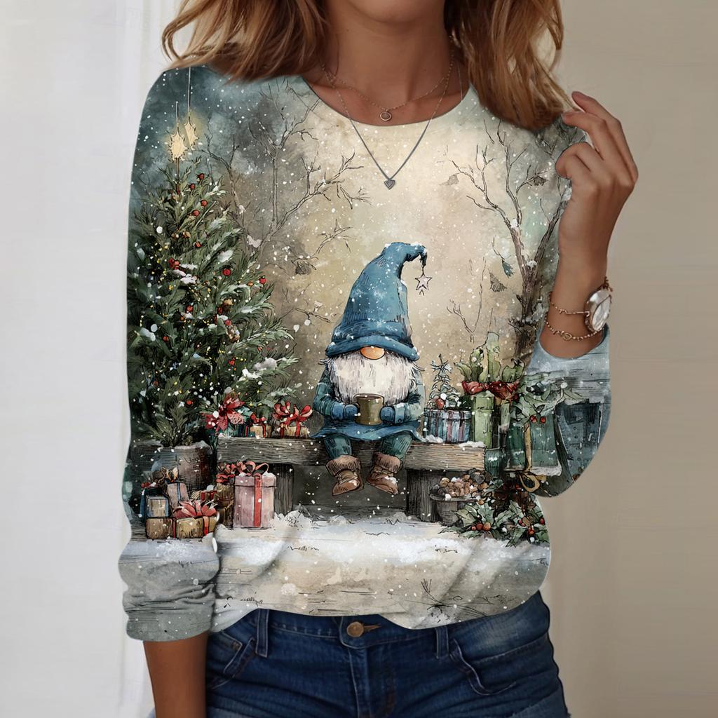 Women's Fashion Casual Long Sleeve Christmas Printed Round Neck Top
