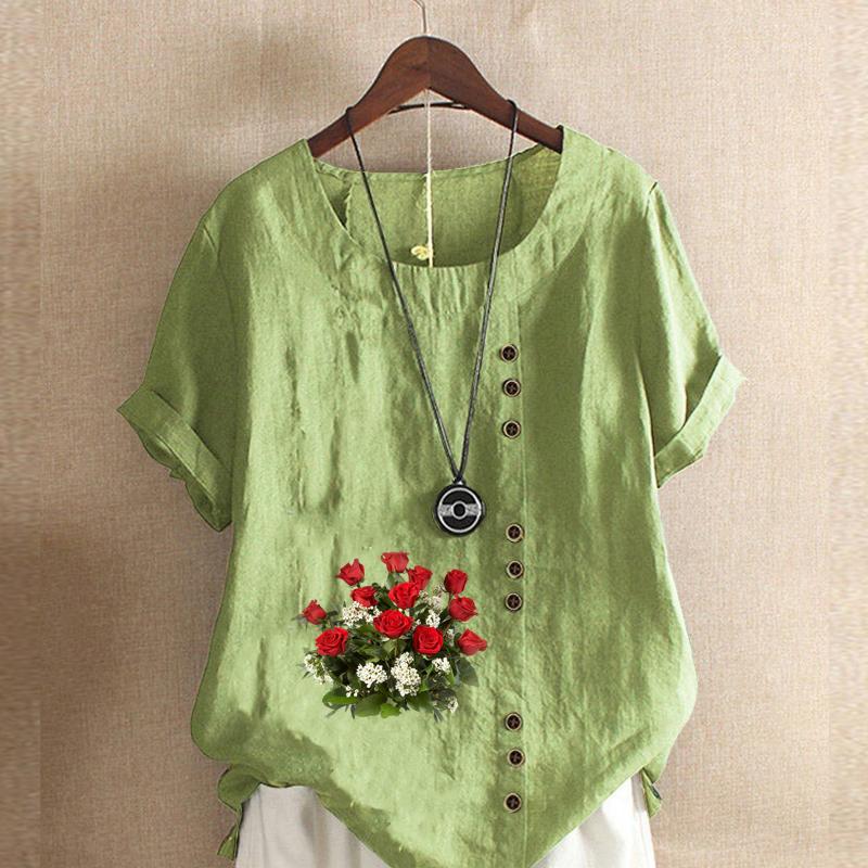

Женская модная футболка с круглым вырезом и коротким рукавом, повседневная рубашка из хлопка и льна с рисунком, свободная летняя блузка с принтом в виде букета цветов 5XL зелёный