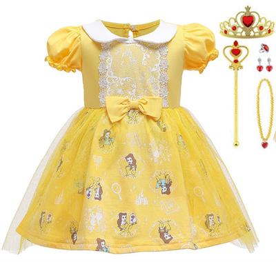 [TYHTYM] Belle Dress Princess Dress (Beauty and the Beast Style Dress + Tiara Etc.) 6-piece Set Night Dress Kids Costume 90-130CM (Yellow, 90)