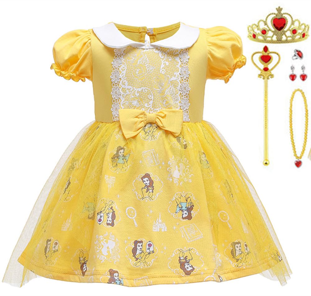 

[TYHTYM] Belle Dress Princess Dress (Beauty and the Beast style dress + tiara etc.) 6-piece set Night dress Kids costume 90-130CM (Yellow, 90)