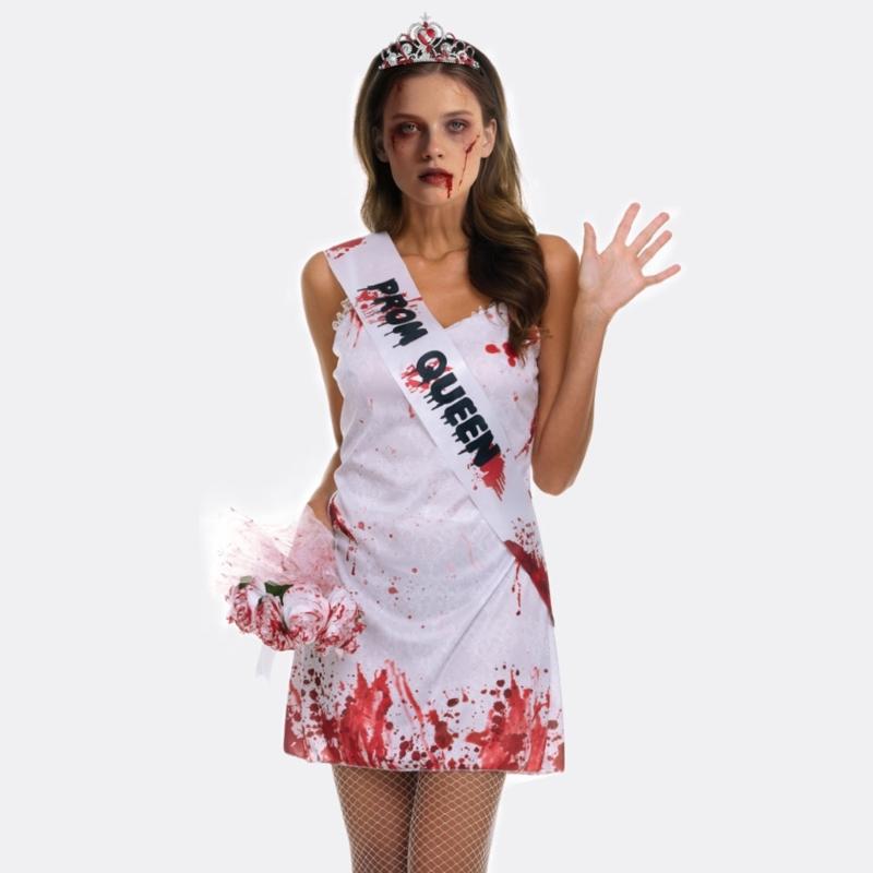 Halloween Abschlussballkönigin Kostüm Blutiges Nachthemd Kleid Abschlussballkönigin Schärpe Kronen Stirnband Cosplay Verkleidungsparty Zubehör