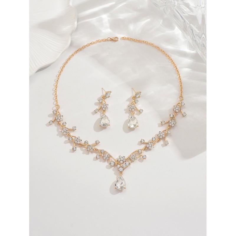 Elegantes Florales Kristall Halskette Ohrring Set Damen Vergoldete Legierung Schmuck Hochzeitsparty Abendkleid
